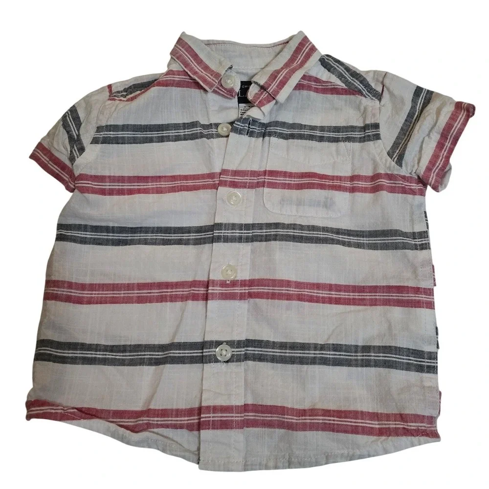 The Childrens Place Boys Red Navy White Striped Button Down Shirt 6-9M